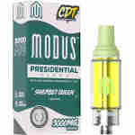 A Modus Presidential Blend Sherbet Queen vape cartridge next to its packaging. The package highlights 3000MG THC content and various cannabinoid components, including THCa liquid diamonds, Pegasus Delta-8, and THC-V, showcasing the superior quality of Liquid Diamonds Cartridges.