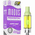 Image of Modus Presidential Blend Starry Night Hybrid, 3000mg THCa cartridge packaging alongside the cartridge. The packaging features purple accents and product information including CDT, liquid diamonds, and cannabinoid details. This premium offering from the Liquid Diamonds Cartridges collection is a must-have.