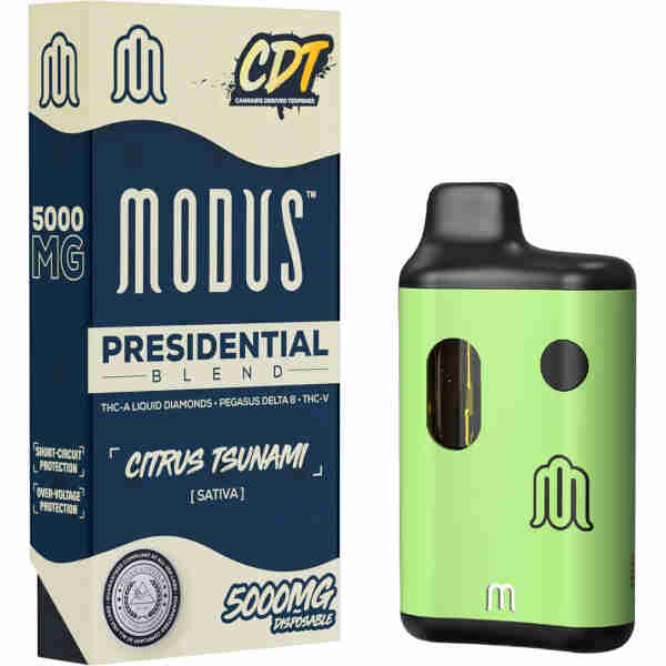 Image of a green Modus disposable vape device and its packaging box labeled "Modus Presidential Blend" with 5000mg of THC and flavor "Citrus Tsunami." The box also indicates it is a sativa strain. Part of the Liquid Diamonds Disposables collection.