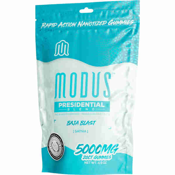 A blue and white package of Modus Presidential Blend Liquid Diamonds Gummies, Baja Blast (Sativa), containing 5000mg in total, with 20 gummies per package. Net weight is 4.9 oz.