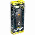 A black disposable vape pen in packaging labeled "Torch THCA Cryo Cured Live Resin Disposables - Banana Haze Sativa." The box features decorative patterns and details about the product, including "THC-A," "CRYO Cured Live Resin," and net weight 7.5g (0.264 oz).