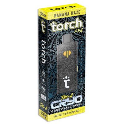 A black disposable vape pen in packaging labeled "Torch THCA Cryo Cured Live Resin Disposables - Banana Haze Sativa." The box features decorative patterns and details about the product, including "THC-A," "CRYO Cured Live Resin," and net weight 7.5g (0.264 oz).