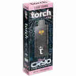 Packaging of Torch THCA Cryo Cured Live Resin cartridge in Cake Bomb flavor, net weight 7.5g. The black and pink box features intricate designs and product information.