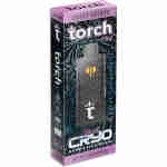 A rectangular, predominantly black and purple package labeled "Torch CRYO Cured Live Resin," featuring details like "Grape Gelato," "Indica," and "7.5g (0.26oz)." The box showcases ornate graphics and refined product branding of Torch THCA.