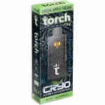 A black and green rectangular packaging for a "Torch" brand disposable vape, labeled with "Green Apple Skunk" flavor and featuring Torch THCA Cryo Cured Live Resin. It has a net weight of 7.5 g, showcasing detailed design and product information.