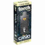 A box of Torch THC-A CRYO Live Resin disposables featuring a delightful Lemon Cream flavor. The packaging is black with blue and yellow accents, showcasing product details and branding.