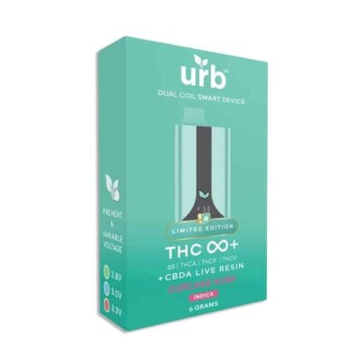 A box labeled "Urb Limited Edition" with a teal background and text indicating it contains a dual coil smart device featuring THC and other cannabis compounds in 'Cupcake Kush' flavor, weighing 6 grams.