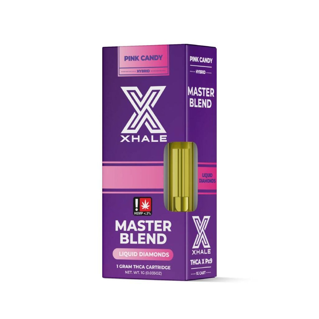 Purple and pink packaging for Xhale Master Blend Liquid Diamonds Cartridges, labeled "Pink Candy," featuring a yellow cartridge inside a transparent section.