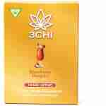 A vibrant yellow box of 3CHI Strawberry Daiquiri drink enhancer features a red cocktail illustration. Inside, find 10 pouches, each boasting 10 mg Delta-9 THC. A green leaf icon graces the top left corner, symbolizing the delightful blend within.