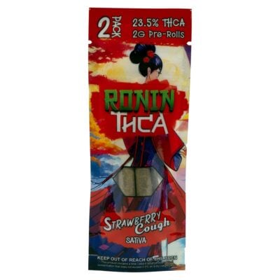 Package of Ronin THCa 2-Pack Pre-Rolls (4g), each containing 23.5% THCa and totaling 4g. The package features an illustration of a person in traditional attire.