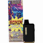 A black disposable vape cartridge device is placed next to a box labeled "Ronin Disposable Vapes 5g." The box features colorful artwork with an Eastern theme, highlighting the premium quality of Ronin Disposable Vapes.