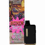 A Ronin Disposable Vapes 5g device sits next to a colorful box labeled "Ronin THCA King Louis Indica 5g." The packaging features Japanese-inspired artwork with a samurai, pagoda, and mountaintop at sunset.