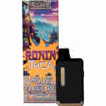 A sleek black vape device is showcased alongside a vibrant themed box labeled "Ronin Disposable Vapes 5g," highlighting the premium quality and sophisticated design of Ronin's disposable vapes.