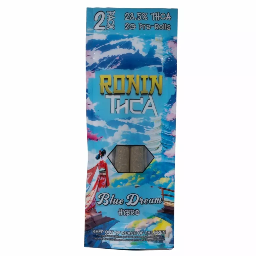 The image displays a Ronin THCa Pre-Rolls 2 Pack of 4 grams, featuring two pre-rolls with 23.5% THCA. The package is adorned with a vibrant sky and clouds design, accompanied by a person in traditional robes on the left side.