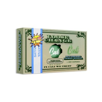 A rectangular package labeled "Loose Change Cali Extrax" with "Blueberry Lemon Diesel" flavor. The package has green and blue colors, a white starburst graphic, and "Sativa" written on the side. This disposable 1g option offers a convenient way to enjoy your favorite strain.