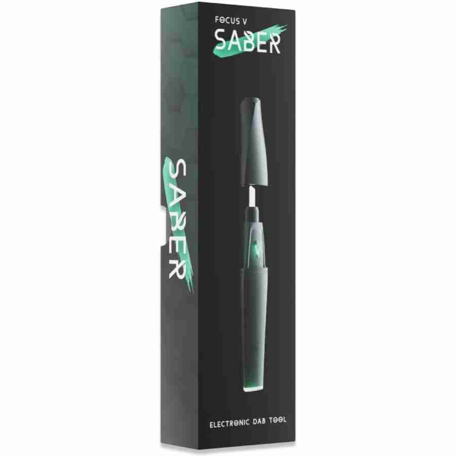 Black box packaging for the Focus V Saber Hot Knife / Black, labeled as an electronic dab tool. The sleek black box features an image of the device and the product name with a green, futuristic design.