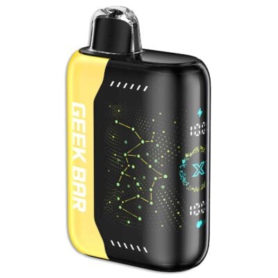 A black and yellow Geek Bar Pulse vape with a constellation design, featuring a clear mouthpiece on top. This disposable device delivers the sweet and refreshing flavor of Banana Taffy Freeze.