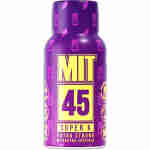 A purple bottle labeled "MIT 45 Super K Extra Strong Kratom Shot Mitragyna Speciosa" with text and logos printed in yellow and white.