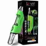 A neon green Lookah Seahorse Pro Plus Quartz-Taste vaping device is shown next to its black and green packaging. The box also highlights features like "easy to clean" and "see-through coil," making this Dab Pen Kit a must-have for enthusiasts.