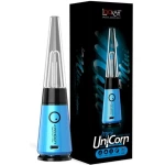 Image of a blue Lookah electronic vaporizer with a cone-shaped mouthpiece, displayed next to its black and blue retail packaging featuring the text "Unicorn Mini Electric Dab Rig.