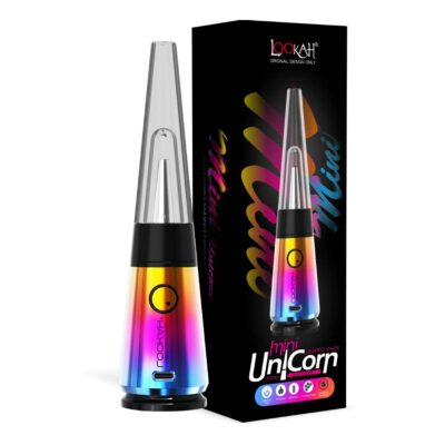 A rainbow-colored Lookah Unicorn Mini Electric Dab Rig is placed beside its sleek black packaging box, which showcases an image of the device and brand name.