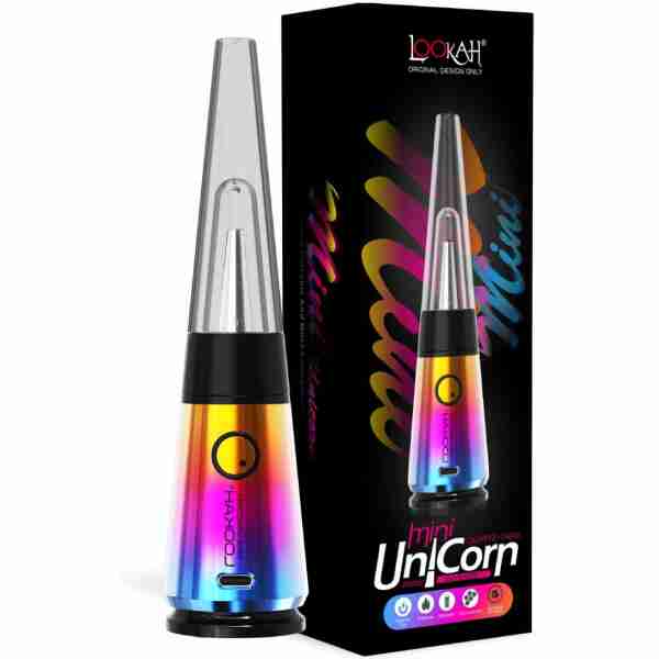 A rainbow-colored Lookah Unicorn Mini Electric Dab Rig is placed beside its sleek black packaging box, which showcases an image of the device and brand name.