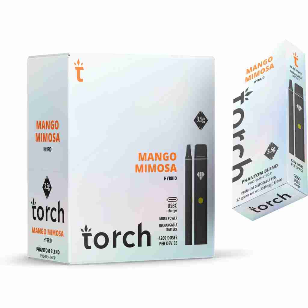 The Torch Black Diamond Phantom Blend Disposables offer 4,000 doses per 3.5g device, presented in a sleek white box with vibrant orange text, providing an elevated hybrid vaping experience.
