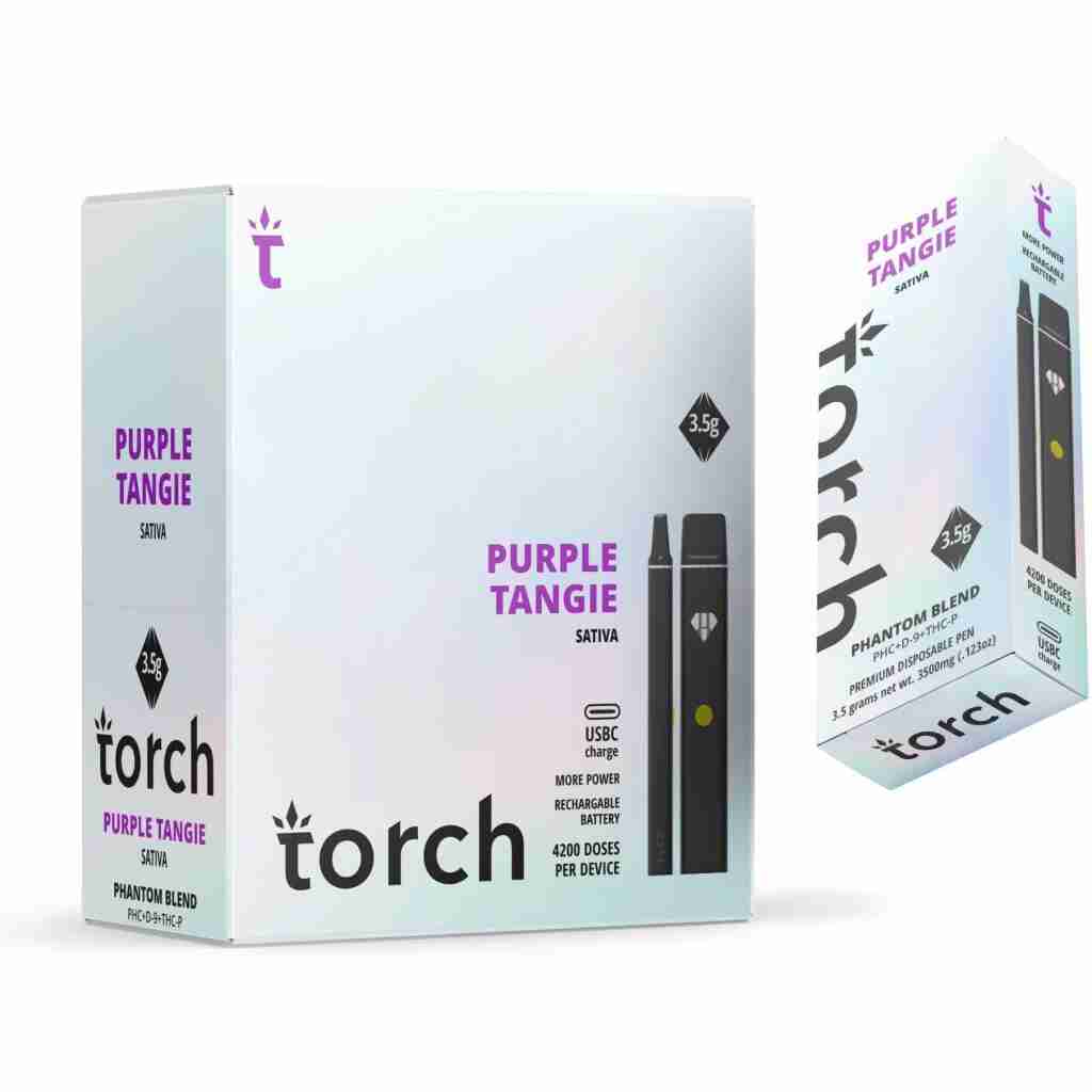 The Torch Black Diamond Phantom Blend Disposables 3.5g cannabis product features a sleek, light-colored box labeled as a 3.5g disposable device with 4000 doses, embodying the sophisticated style associated with Torchs branding.