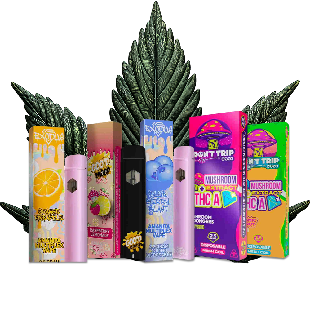Vape products with colorful packaging are displayed in front of a large leaf illustration. The products feature varying designs and flavors, such as raspberry lemonade and mushroom extract. Bold text reads VAPES at the bottom.