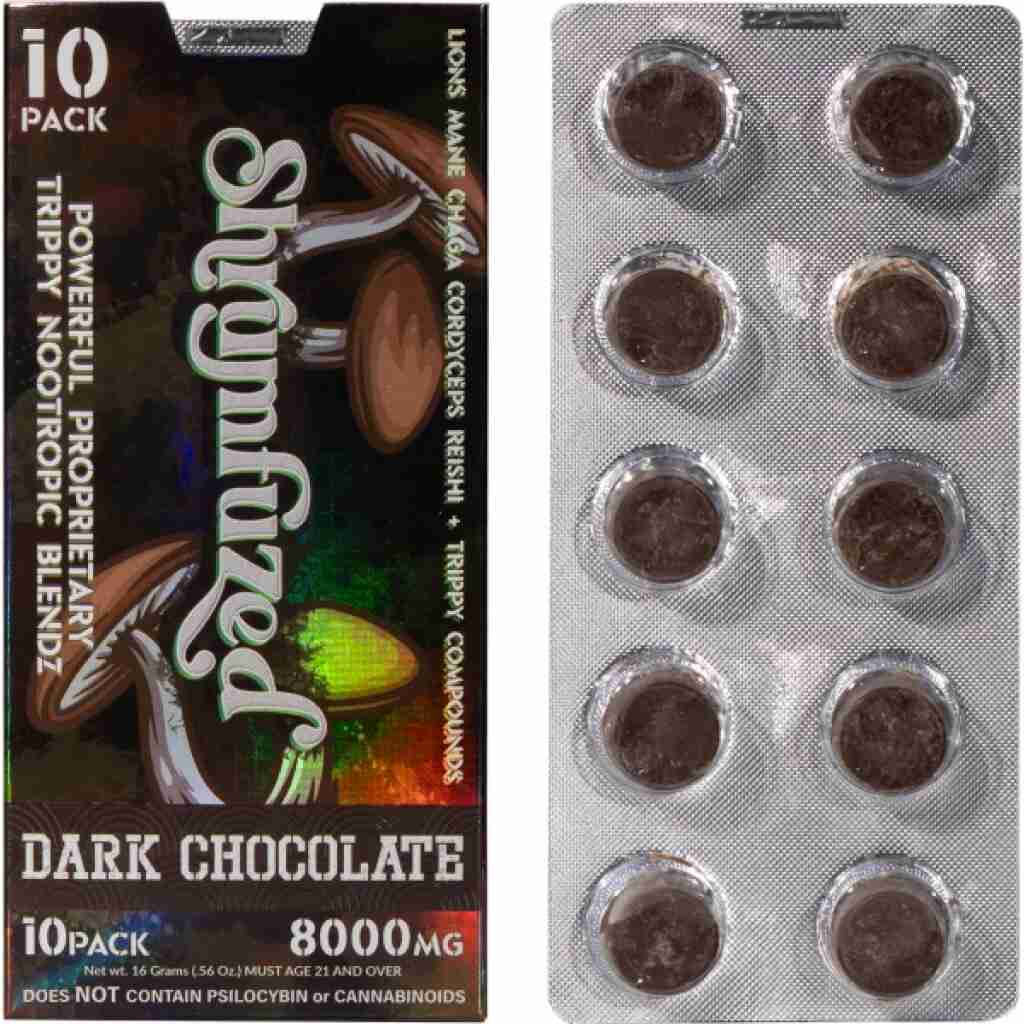 Shrumfuzed Nootropic Trippy Psychedelic Mushroom Chocolate 10pc Dark chocolate.