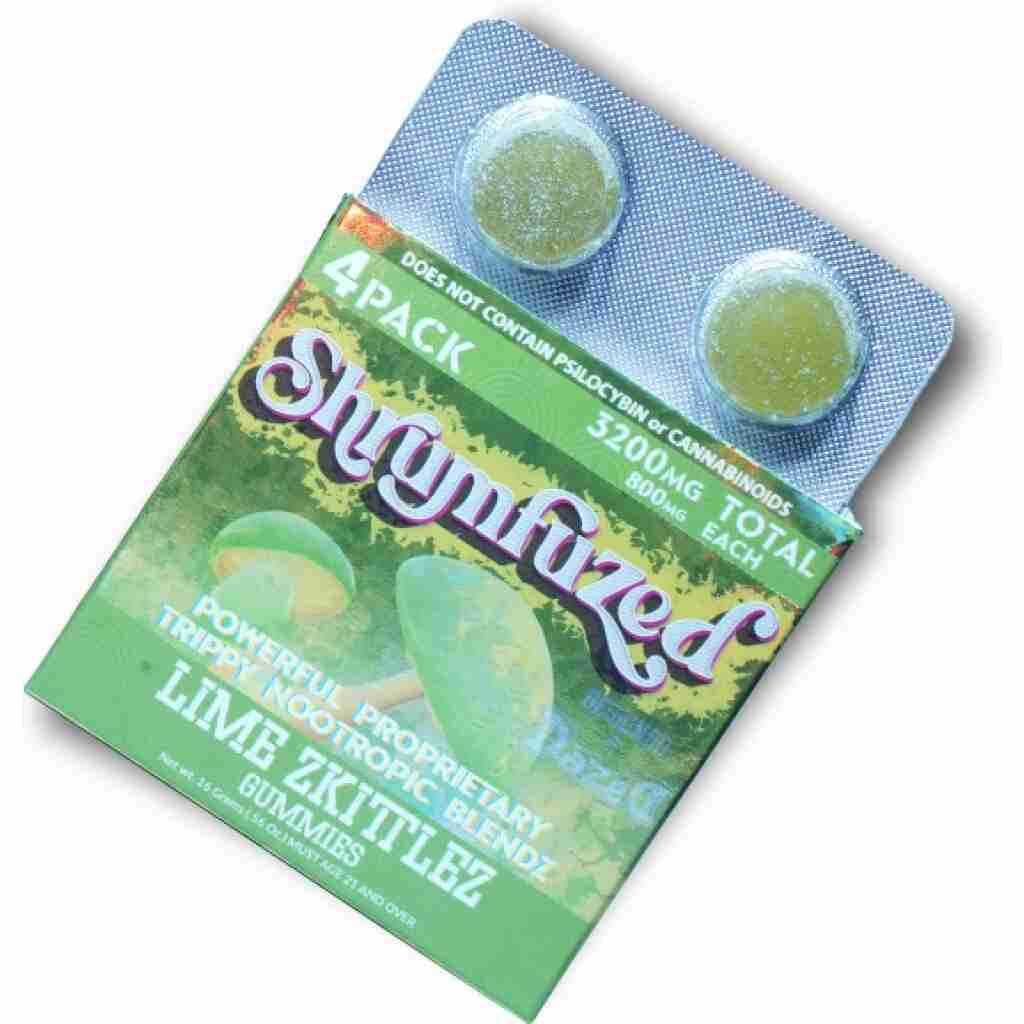 shrumfuzed nootropics trippy psychedelic mushroom gummies 4pk lime zkittlez.