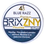 BRIXZNY Nicotine Pouches feature the Blue Razz flavor in a round container displaying 4 mg. The packaging mentions Premium Pouches 15 Pack and includes a nicotine warning for safety.