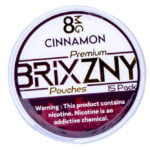 BRIXZNY Nicotine Pouches contain 12mg cinnamon-flavored nicotine in a round container with 15 pouches. Warning: This product contains nicotine, an addictive chemical.