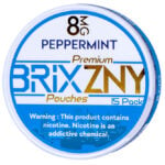 A blue and white round container labeled BRIXZNY Nicotine Pouches 12mg, in a 15 Pack. The warning states: This product contains nicotine. Nicotine is an addictive chemical.