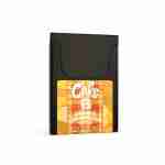 A sleek black package labeled Cake holds 25mg Orange Creamsicle Sativa Delta 8 THC Oral Strips. The vibrant label features a plaid pattern in orange and yellow with crisp white text, reminiscent of a refreshing Ginger Peach delight.