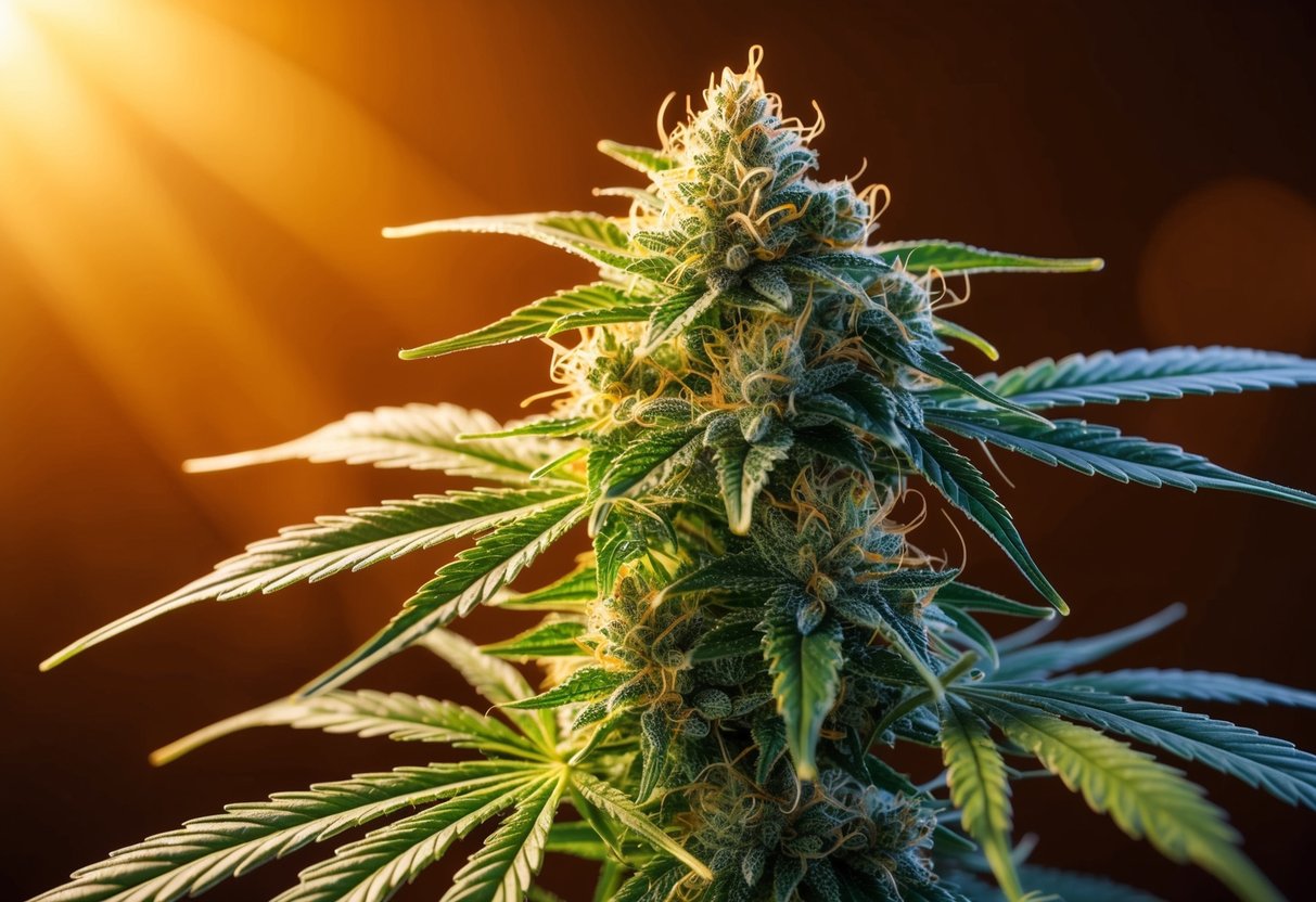 A cannabis plant with THC and THCa crystals glistening under a warm, golden light