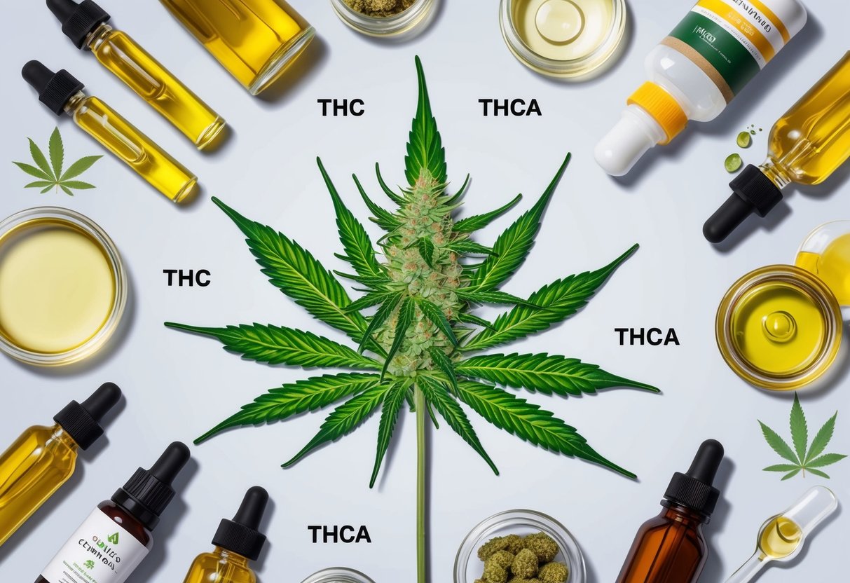 A cannabis plant with labeled THC and THCa levels, surrounded by various cannabis products such as oils, edibles, and tinctures