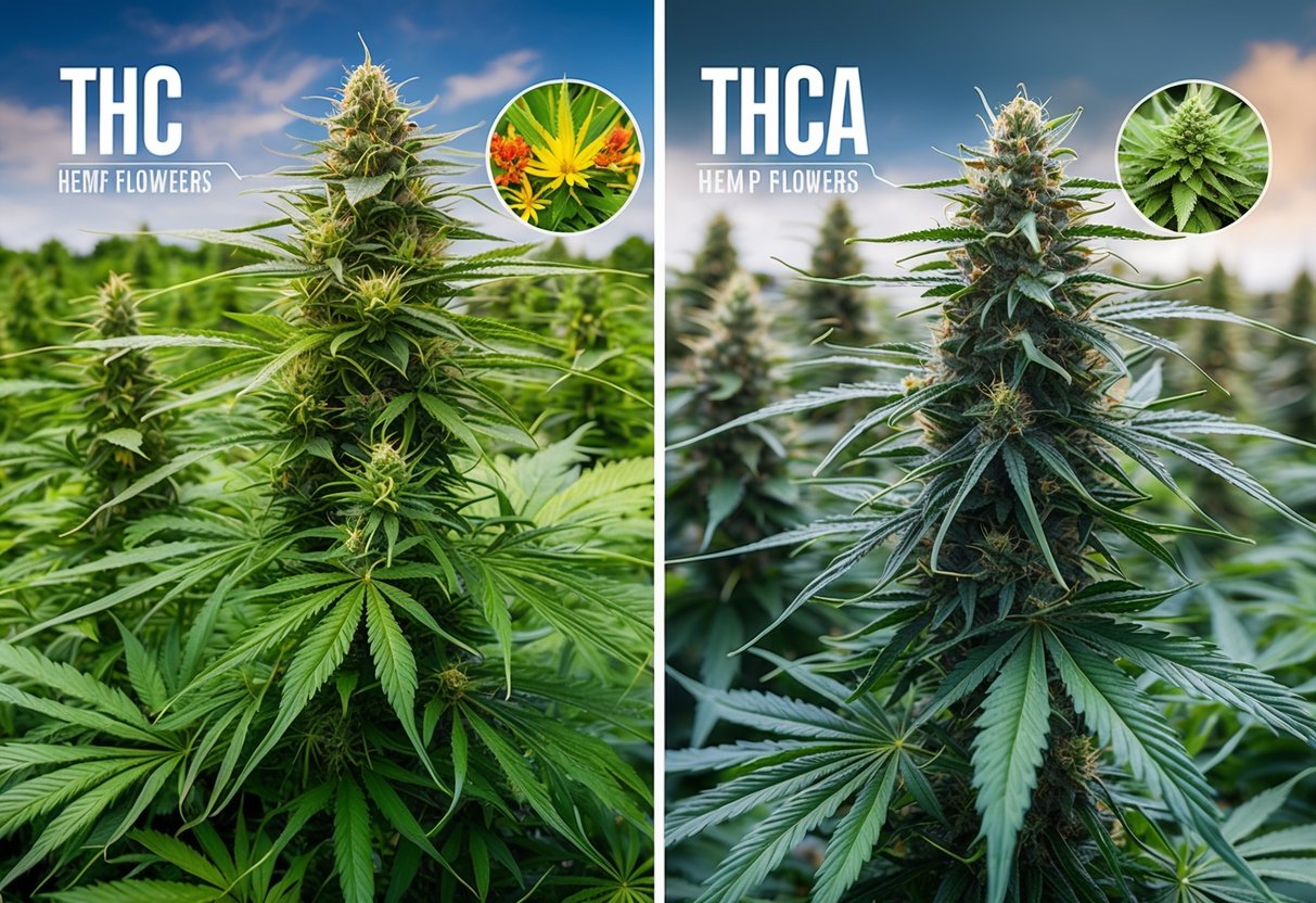 A lush field of cannabis and hemp plants, showcasing the differences between THC and THCa in the flowers