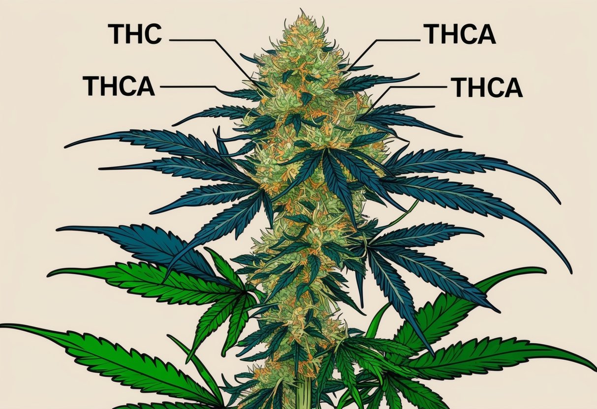 A cannabis plant with clear labeling of THC and THCa levels