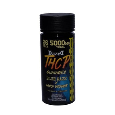 The sleek black cylindrical bottle labeled Dazed THCP Gummies showcases the mouthwatering Blue Razz x Maui Wowie flavor. Packed with 26 gummies and a potent 5000mg total, each gummy delivers a precise 193mg dose. Infused with Live Rosin Terpenes, these gummies offer an elevated experience.