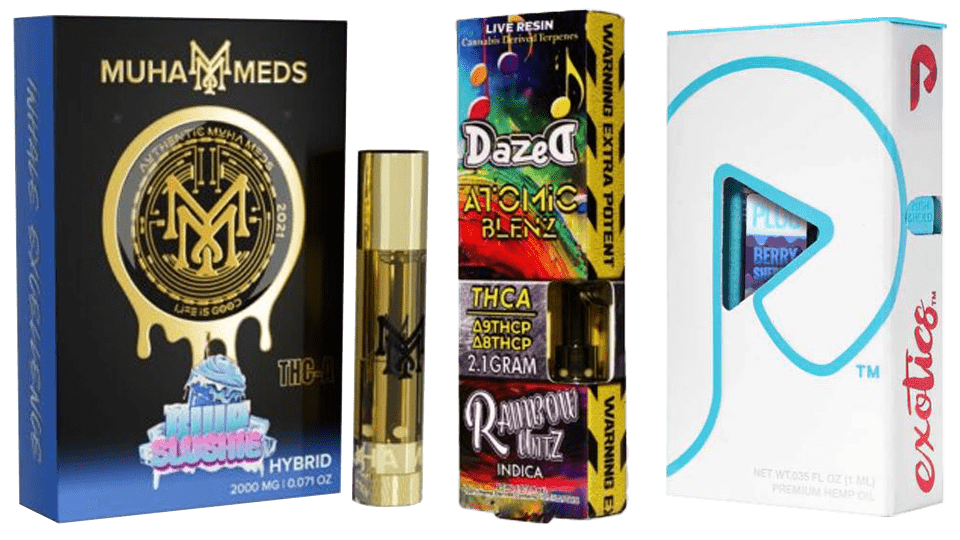 Three vape cartridge packages are displayed. One is black with gold logos and text, another has colorful branding with Daze and fruit graphics, and the third is white with teal and red accents. Each package includes a visible cartridge.