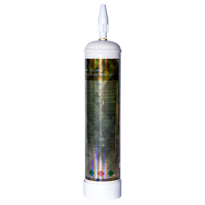 A cylindrical cartridge with a pointed nozzle for dispensing RichWhip sealant or adhesive features text, symbols, and hazard icons on its label. The white background accentuates the metallic surface reminiscent of RichWhip by BRIXZ - 640g Baller Gas Vanilla Cream Flavor.