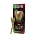 Two THCa pre-rolls are displayed with their vibrant packaging reading CHAPO BLOOD DIAMONDS. The flavors Forbidden Fruit and Godfather OG are highlighted, and the joints feature colored ends in eye-catching red and green.