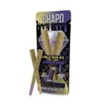 The packaging of Chapo Blood Diamonds THCa Pre-Rolls showcases two cannabis joints. It features diamond graphics and boldly displays Gorilla Glue #4 and Lavender Haze, along with THC percentages, all accented by a vibrant purple design.