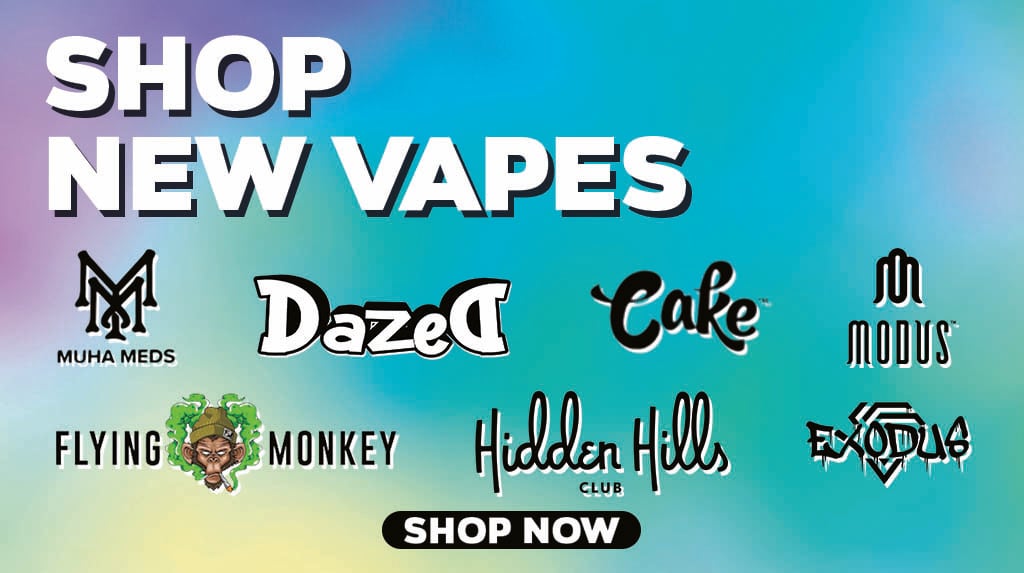 Text reading Shop New Vapes with various vape brand logos like Muha Meds, Dazed, Cake, and others on a colorful gradient background. A Shop Now button is at the bottom.