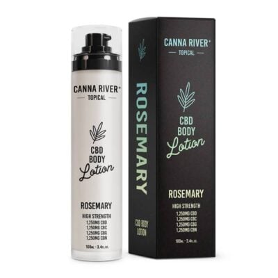 A white bottle of Canna River Broad Spectrum CBD Body Lotion labeled Rosemary is displayed next to its sleek black packaging box. Text reveals it contains 1250mg CBD, 1250mg CBG, and 1250mg CBN. The volume is 100 mL or 3.4 fl oz.