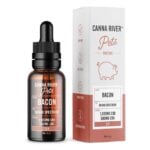 A bottle of Canna River Pets Bacon Broad Spectrum tincture is displayed next to its box. The label proudly shows 1000MG CBD, 500MG CBG. With a playful pig illustration, the box lists benefits like lab-tested quality and cruelty-free assurance, making it a top choice for CBD pet tincture enthusiasts.