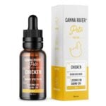 A bottle and box of Canna River Pets tincture showcase a chicken flavor with 1,000mg Broad Spectrum CBD and 500mg CBG. The CBD CBG Pet Tincture packaging is white with yellow accents, featuring a simple chicken illustration.