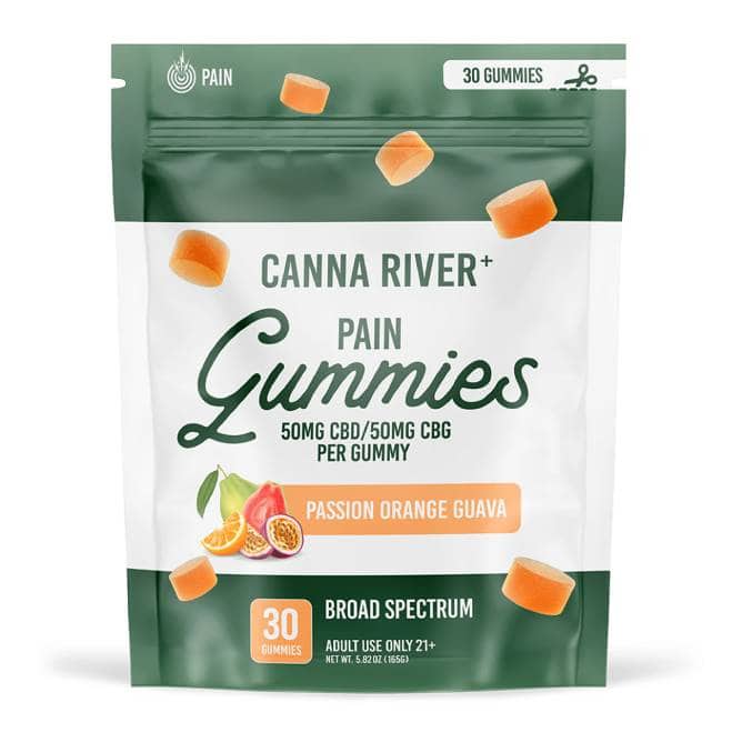 A green and white package labeled Canna River Pain Gummies features 50mg CBD and 50mg CBG per gummy. With a Passion Orange Guava flavor, these broad spectrum delights include 30 gummies for adult use only, 21+. Surrounding the package are the irresistible CBD Pain Gummies.