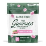 A bag of Canna River Pain Gummies is displayed, showcasing Broad Spectrum CBD for comprehensive relief. The green and white packaging highlights the Pink Watermelon flavor. Each gummy contains 50mg CBD/50mg CBG, with 30 pieces per pack. For adult use only, 21+.